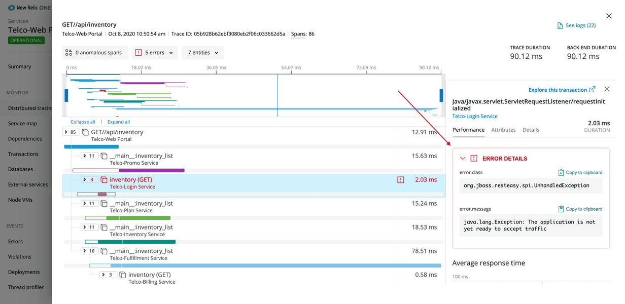 Distributed trace error details